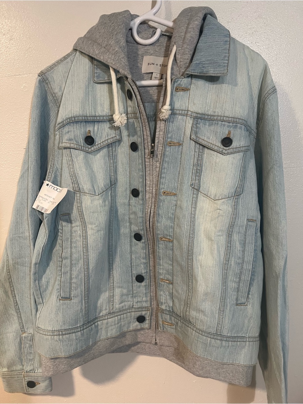 Sun + Stone Pale Blue Denim Jacket with Gray Hooded Liner